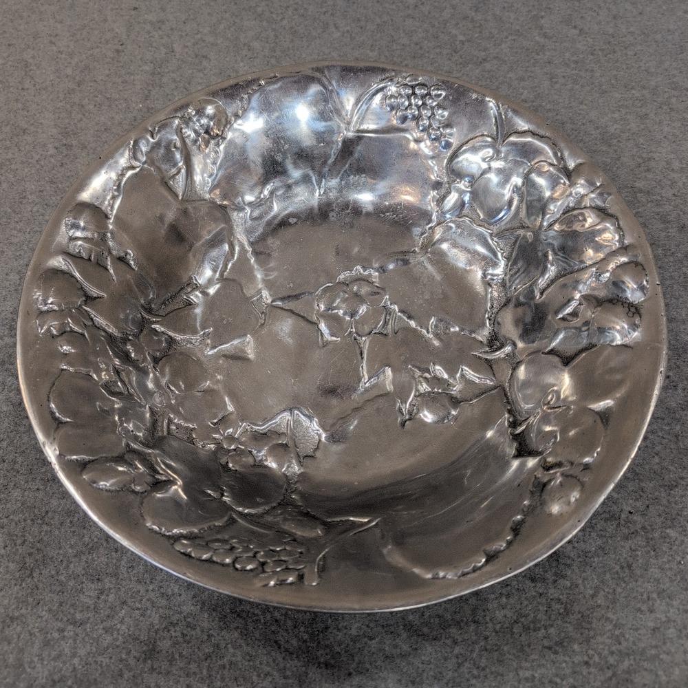 Vintage Mexican Pewter Serving Bowl Embossed Fruit Grapes Silver Tone Round - Picture 1 of 7